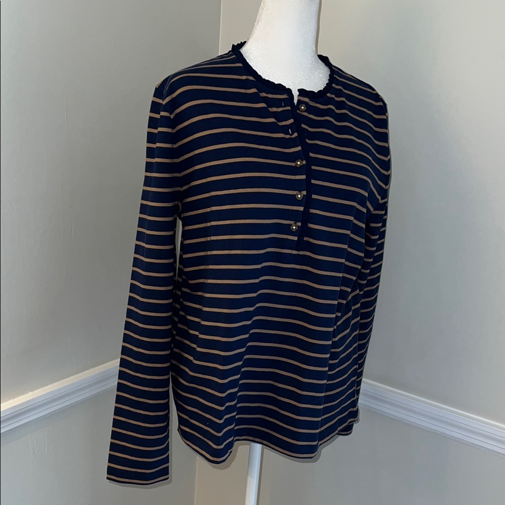 J. Crew Factory Navy and Tan Striped Long-Sleeve Henley